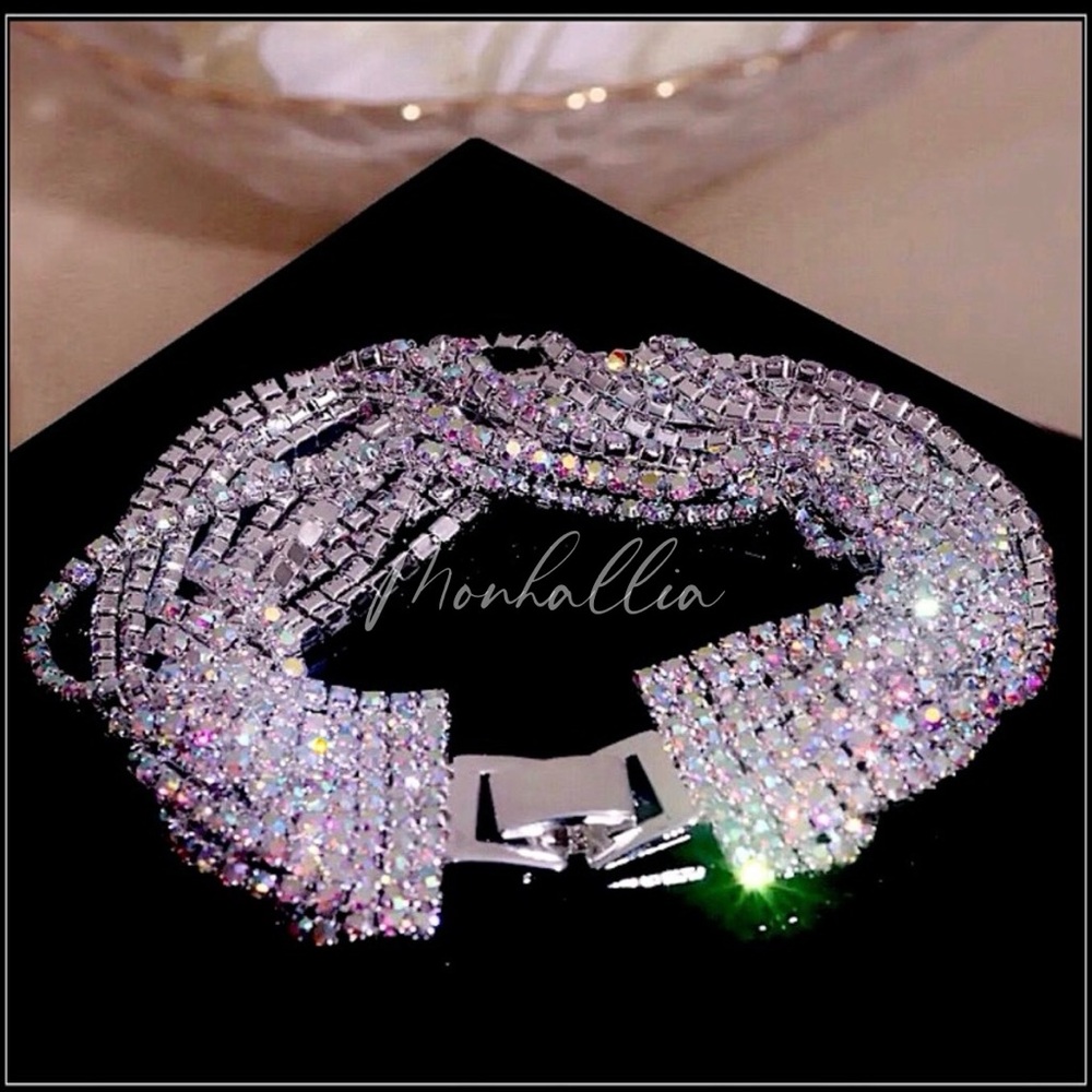 NEW 12 STRAND AURORA BOREALIS CRYSTAL LIQUID SILVER WIDE CUFF STYLE BRACELET